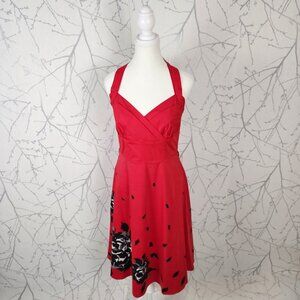 Le Chateau Red Floral Empire Waist Halter Midi Dress